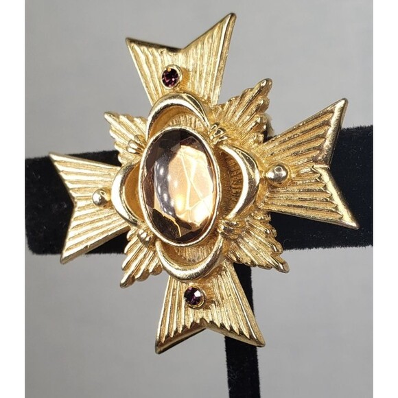 1983 Avon Maltese Cross Allegro Collection Amber Color Gold Tone Brooch Pendant - Picture 6 of 13